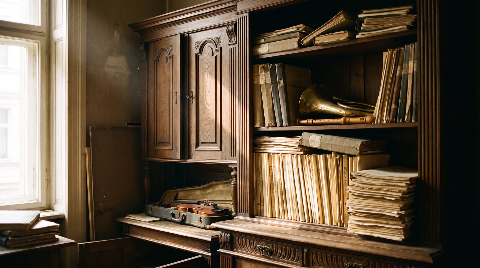 Notenschrank und Regale voller Partituren und Instrumente