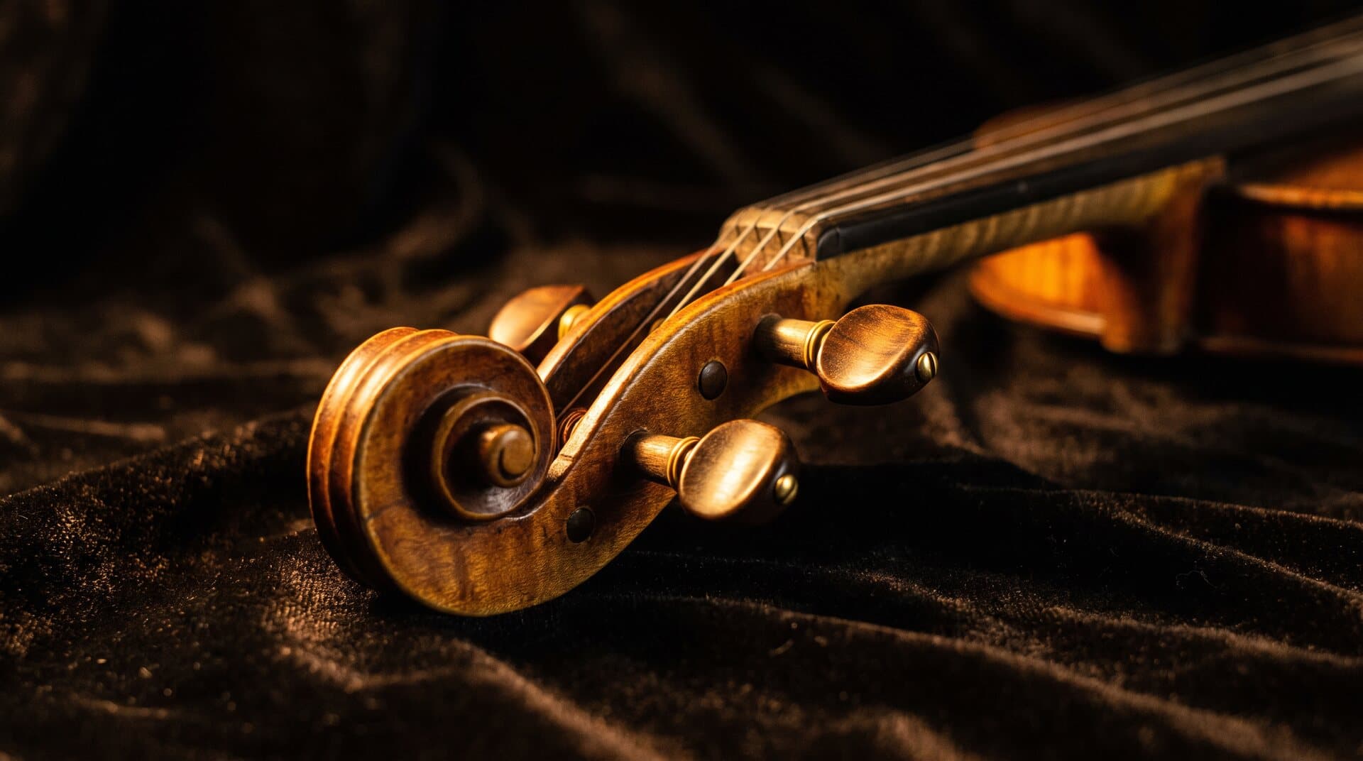 Detail der Schnecke einer Violine im warmen Licht