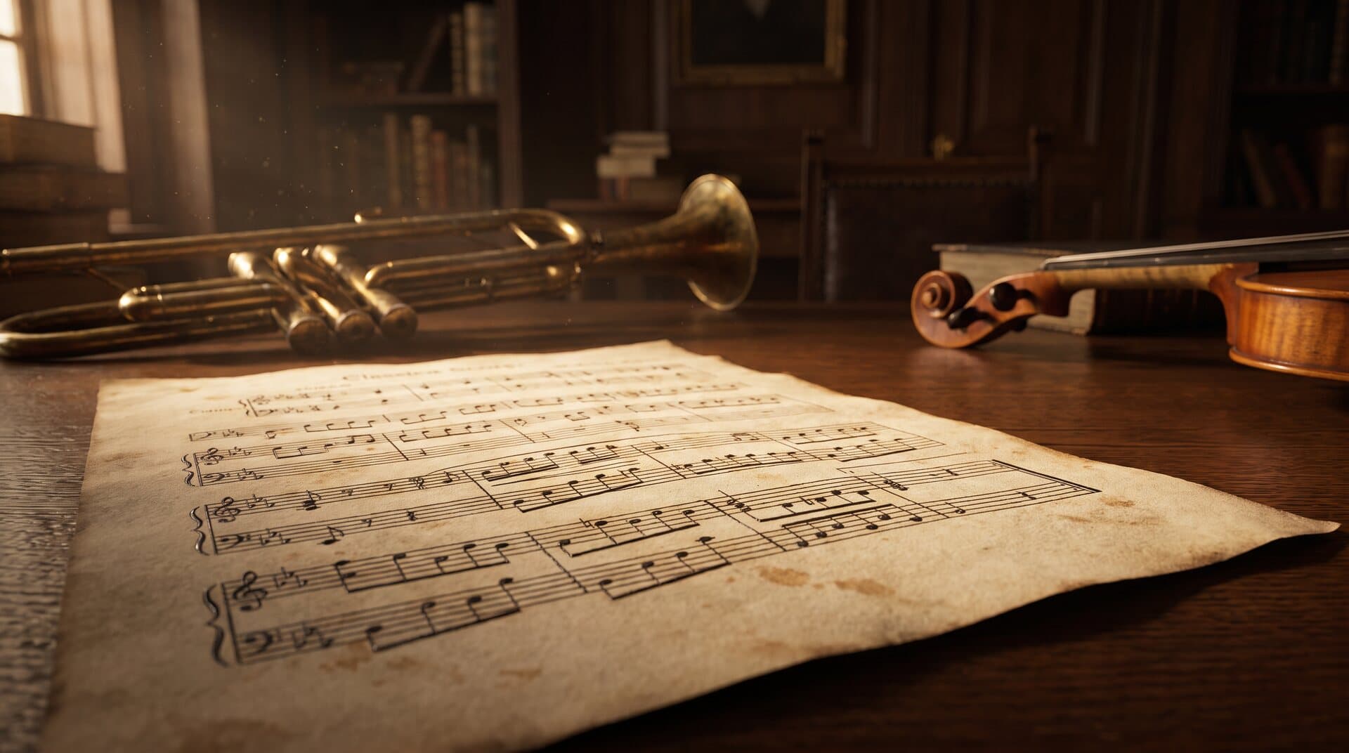 Gestochene Notenhandschrift, Trompete und Violine in warmem Licht