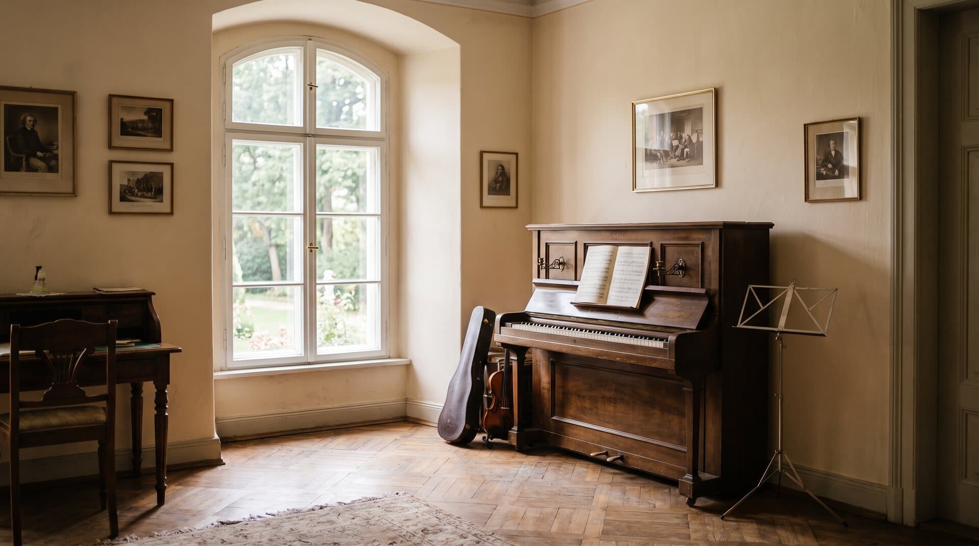 Ruhiger Musikraum in Weimar mit Klavier und Instrumenten am Fenster