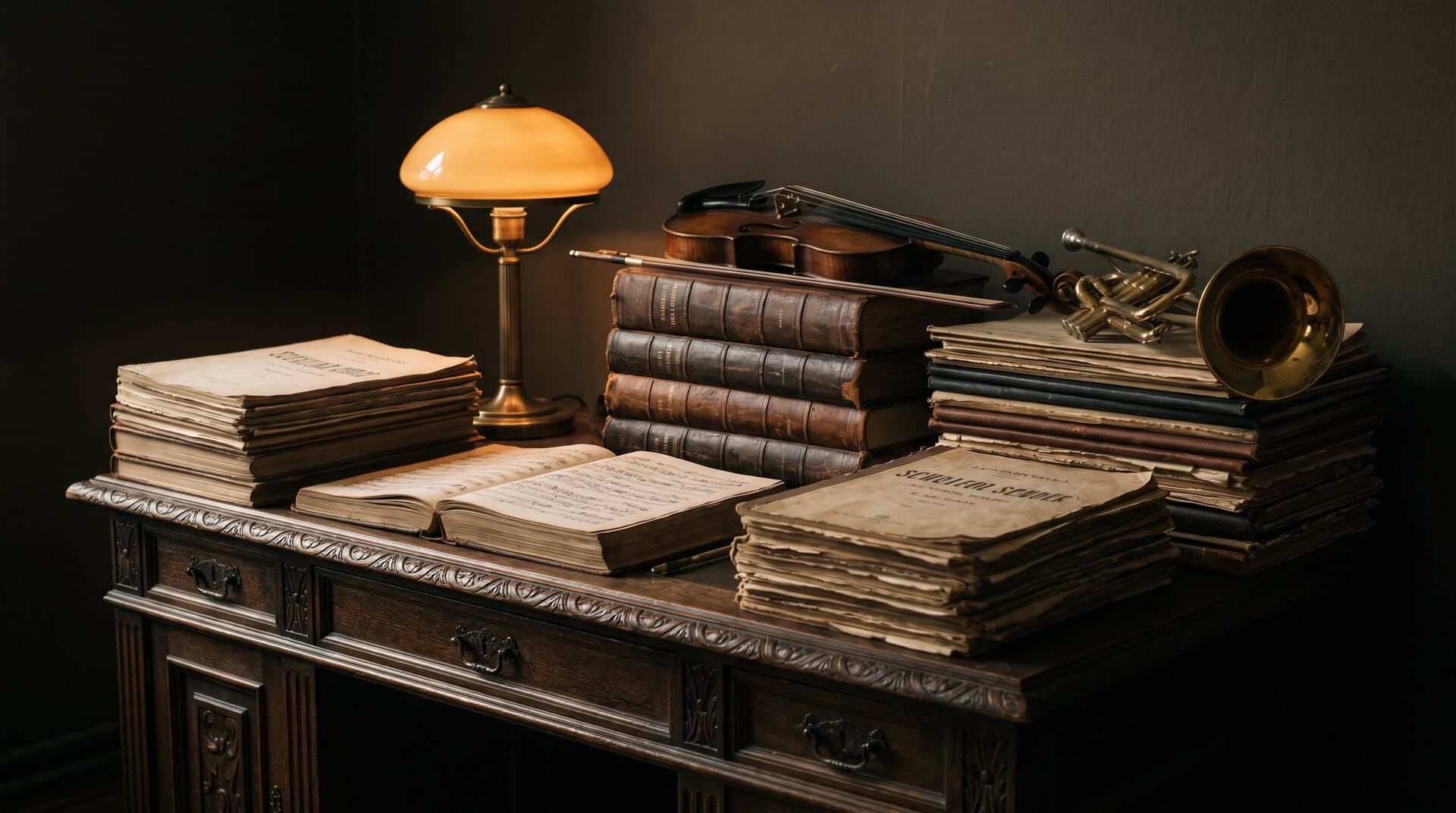 Schreibtisch mit Stapeln alter Noten, Violine und Messinglampe